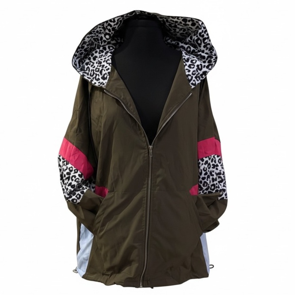 Olive Hooded Anorak Jacket with Pink, Blue & Leopard Accents